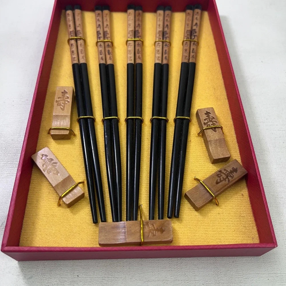5 Pair Black Wood Chopstick Set with Calligraphy and Rests in Box